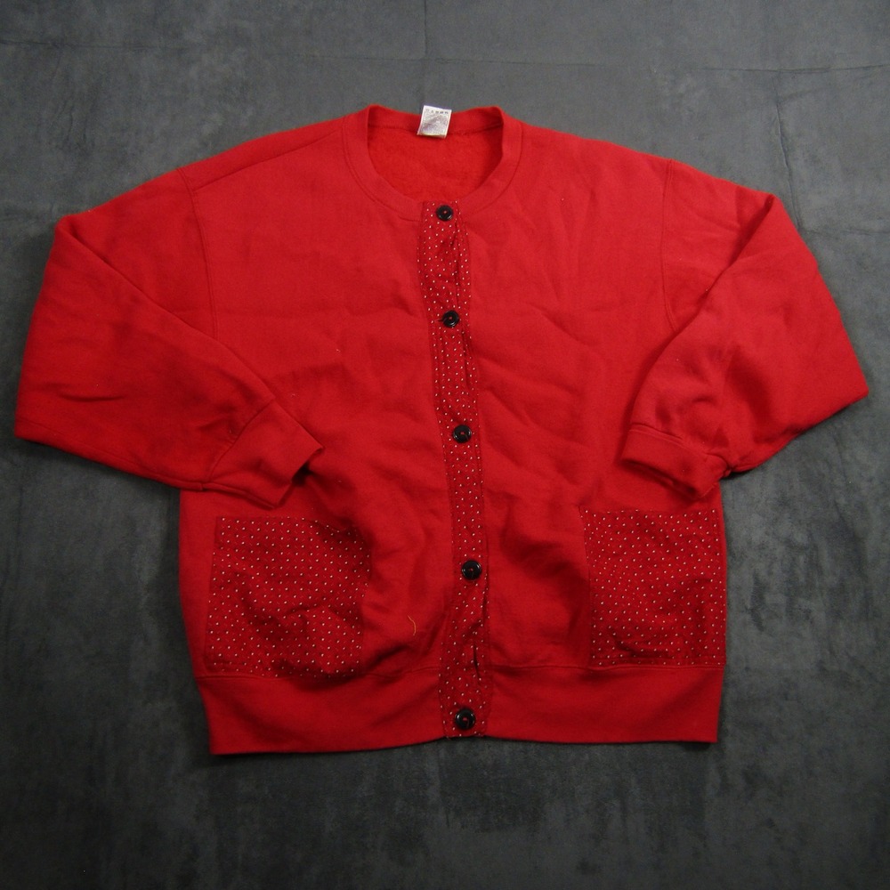 Fruit of the Loom Cardigan Sweatshirt Women L Red Polka Dot Trim Fleece Pocket